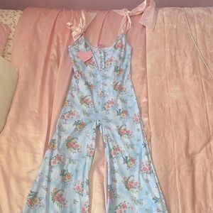 Floral Blue Jumpsuit with Pink Accents flare dolls kill new with tag size small